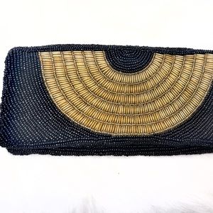 Moyna Black and Gold Beaded Cleopatra Fan Clutch